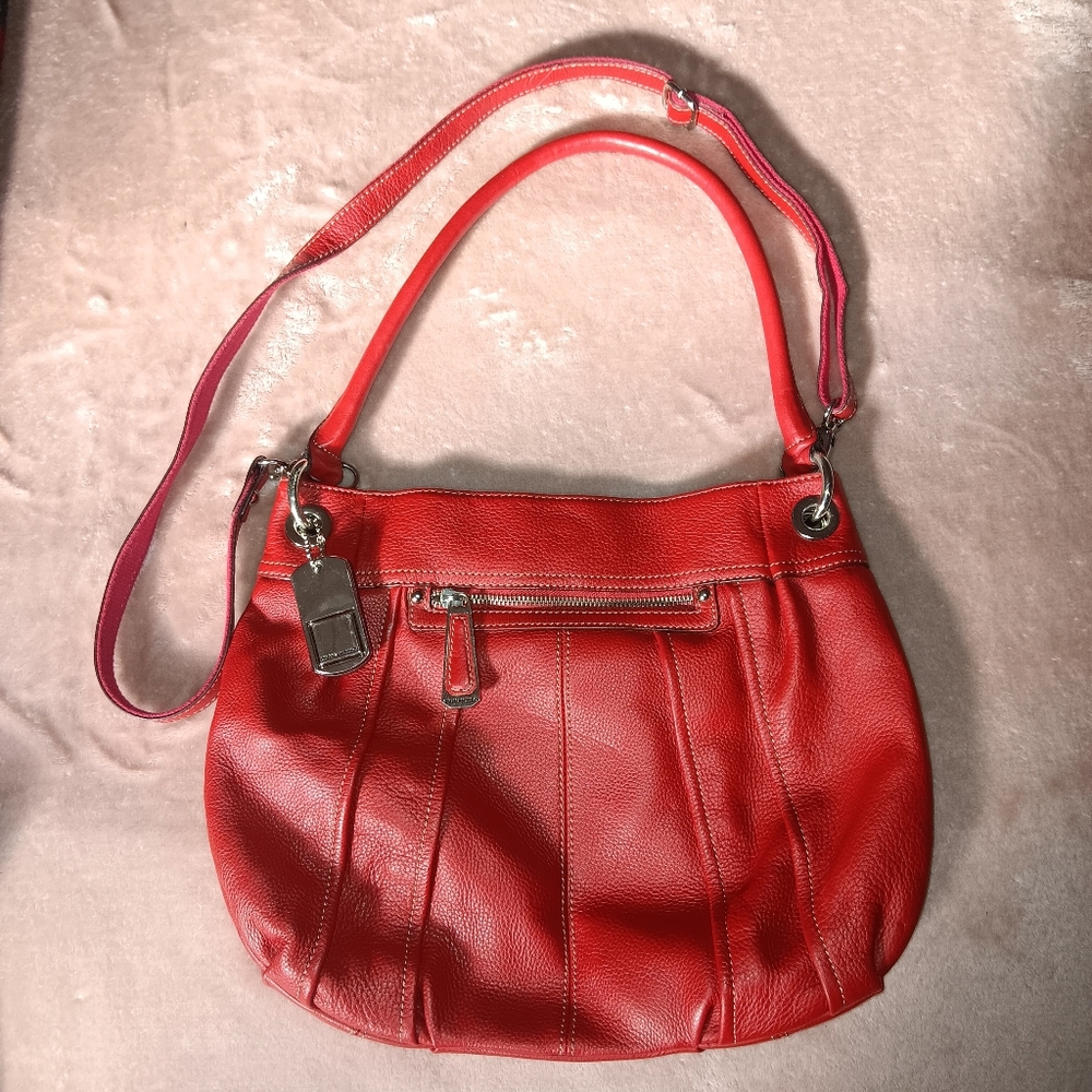 Tignanello Red Pebbled Genuine Leather Shoulder Bag With Panel Design